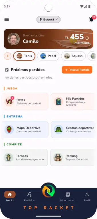 Pantalla de inicio de Top Racket: tu nivel, próximos partidos y accesos a torneos, reservas y ranking